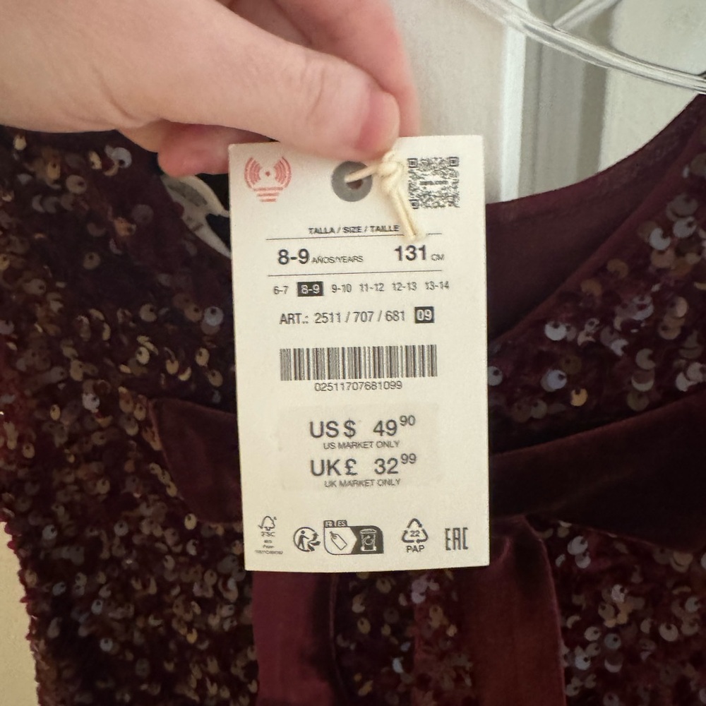 NWT- Zara kids Burgundy Sequin Bow Dress sz.9-10 - Picture 6 of 6